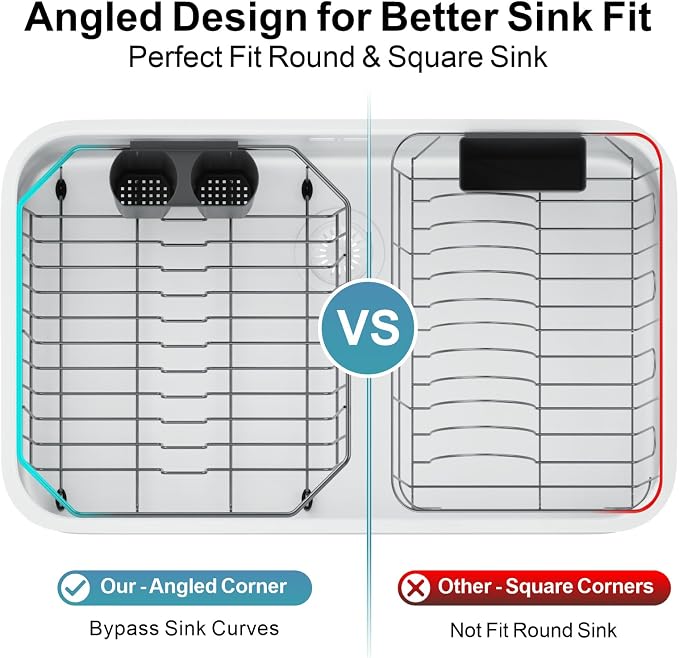Small in Sink Dish Drying Rack - Stainless Steel for RV Kitchen | Compact Design, Rust-Resistant, Angled Corners Fit Square & Round Sinks, Removable Utensil Holder, Cup Hooks, 13.1"W x 14.4"L