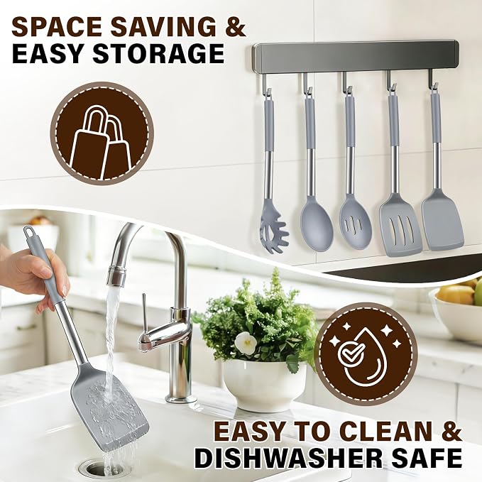 5Pcs Silicone Cooking Utensils Set, Heat Resistant Kitchen Tools Include Solid&Slotted Spatula, Cooking Spoon and Pasta Server, Silicone Kitchen Utensils set for Nonstick Cookware Flipping, Gray