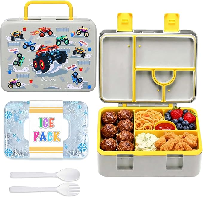 rockpapa Chill Bento Box for Kids- Large 5.5 Cups Lunch Box with Ice Pack - 5 Compartments, BPA-Free, Leak Proof, with Utensils & Portable Handle, Microwave/Dishwasher Safe (Grey Trucks)