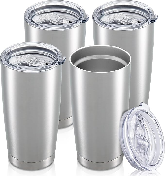 20 oz Tumbler with Lid Stainless Steel Insulated Tumblers Bulk Cups Mug | Double Wall Vacuum, Powder Coated, Keep Drinks Cold and Hot, Waterproof Lid, Fit of Car Cup Holders, Stainless, 4 Pack
