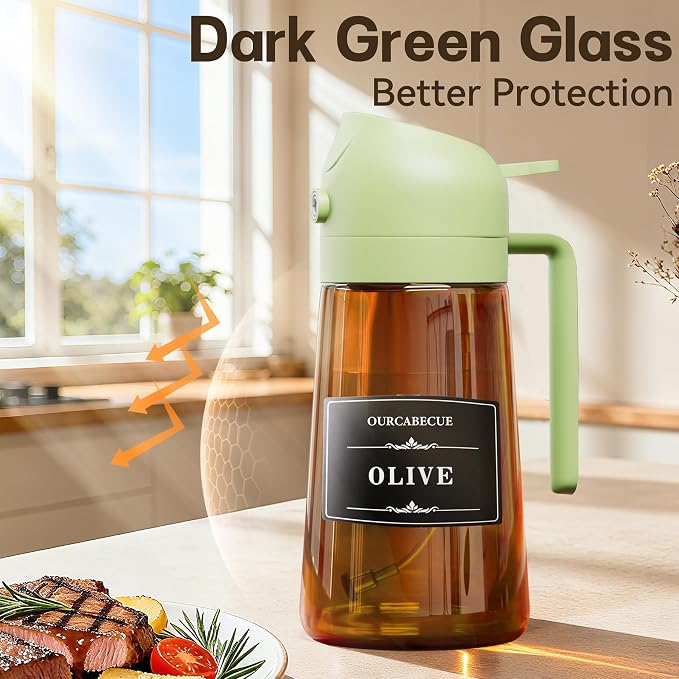 Olive Oil Sprayer & Dispenser Bottle for Cooking 16oz Dark Glass Oil Mister | 2-in-1 Oil Sprayer & Pourer, Fine mist, Light-Blocking, Wide Mouth for Easy Refill & Clean, 8 Oil Labels, Reusable