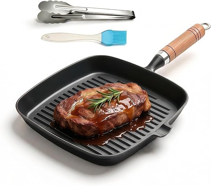 Cast Iron Grill Pan, 8.6" Griddle Pan Skillet with Pour Spout for Searing Steak