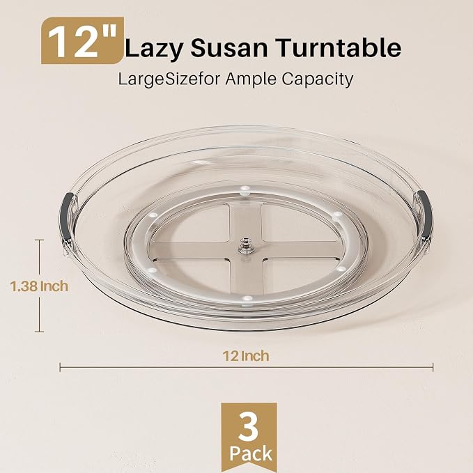 LAMU 3 Pack 12'' Lazy Susan Organizer Turntable for Cabinet, Pantry Organizers and Storage, Rotating Condiment Organizer for Kitchen, Table Top, Fridge, Countertop, Spice Organization