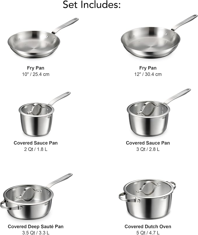 Tramontina Tempo Tri-Ply Base Stainless Steel 10-Piece Pots and Pans Set | Induction-Ready Cookware Set with Lids, Oven-Safe, Dishwasher-Safe