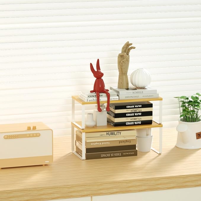 NEX Kitchen Cabinet and Counter Shelf Organizer, Stackable & Expandable, Set of 4, White and Natural - 7.7 x 15.6 x 6.2'' | Stackable Expandable Spice Rack, Space-Saving Pantry Organizers Bathroom Countertop Storage, White and Natural