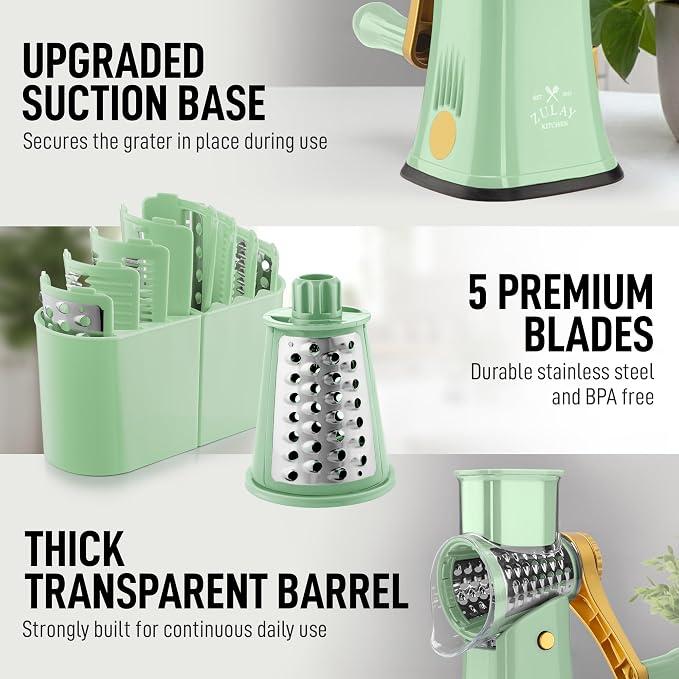 Zulay Kitchen Rotary Cheese Grater 5 Blade Cheese Shredder - Manual Hand Crank Cheese Grater With Reinforced Suction & 5 Interchangeable Drums - Easy to Use, Vegetable Chopper Round Mandoline Slicer
