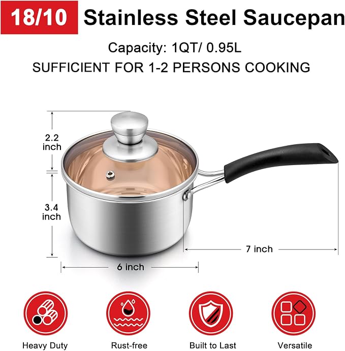 1QT Saucepan with Lid, Joyfair 18/10 Stainless Steel Small Sauce Pan Pot | Kitchen Cookware Milk Pot with Glass Lid for Cooking Stewing Boiling Spaghetti Soup, Heat-proof Handle, Dishwasher Safe