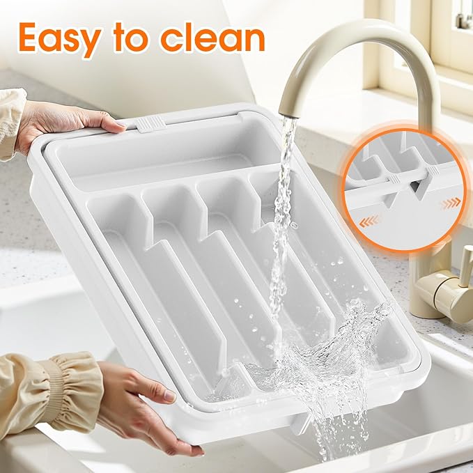 SpaceHacks Silverware Organizer，Adjustable & Expandable Drawer Organizer | Utensil Drawer Organizer, BPA Free Utensil Holder, Cutlery Tray for Forks, Spoons, Knives in Kitchen, Medium, White
