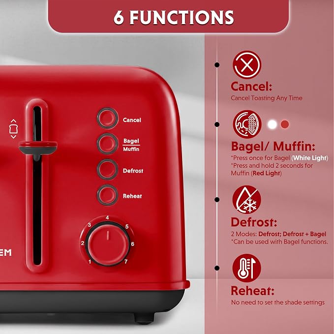 BUYDEEM DT640 4-Slice Toaster, 7 Shade Settings, Extra Wide 1.5’’ Slots for Bagel & English Muffin, 6 Toasting Functions, Retro Stainless Steel Toaster with High Lift Lever, 1800W, Red