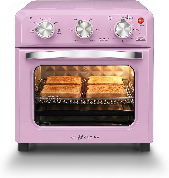VAL CUCINA 6-in-1 Retro Air Fryer Toaster Oven Combo, Compact 12.7 QT Small Countertop Convection Oven, Fits 9" Pizza & 4 Toast, Hexagon Hybrid Heating, Enamel Baking Pan Included, Pink Color