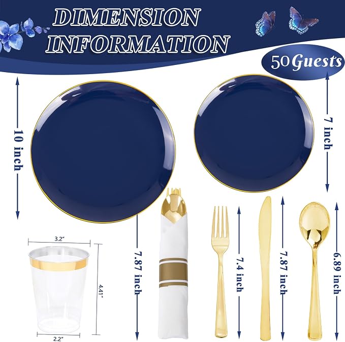 KIRE 350Pcs Blue and Gold Plates -Heavy Duty Navy Blue Dinnerware Set - 100 Plastic Plates 50 Pre Rolled Napkins with Gold Plastic Silverware 50 Cups for Party/Wedding/Birthday