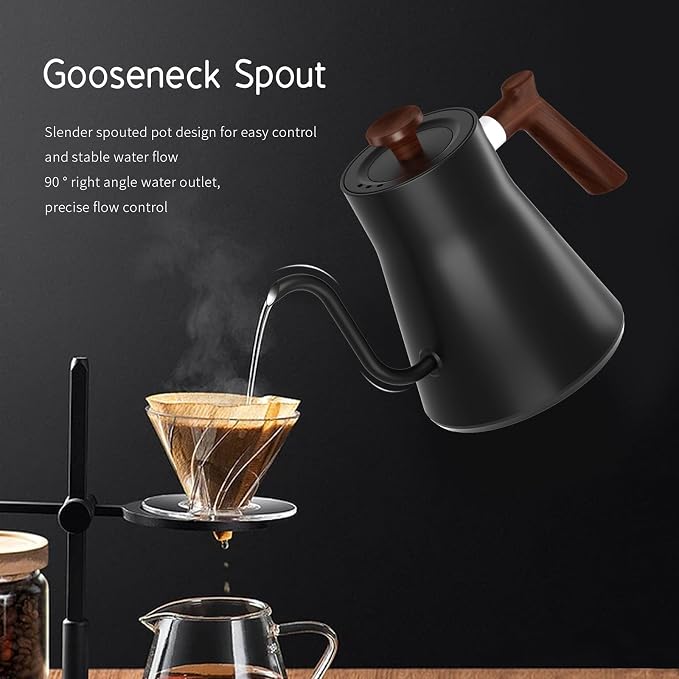 Gooseneck Electric Kettle, Black, 0.9L | ±1℉ Temperature Control, 304 Stainless Steel, Ultra-Quiet, Auto Boil Detection, 8 Safety Protections & Memory Function