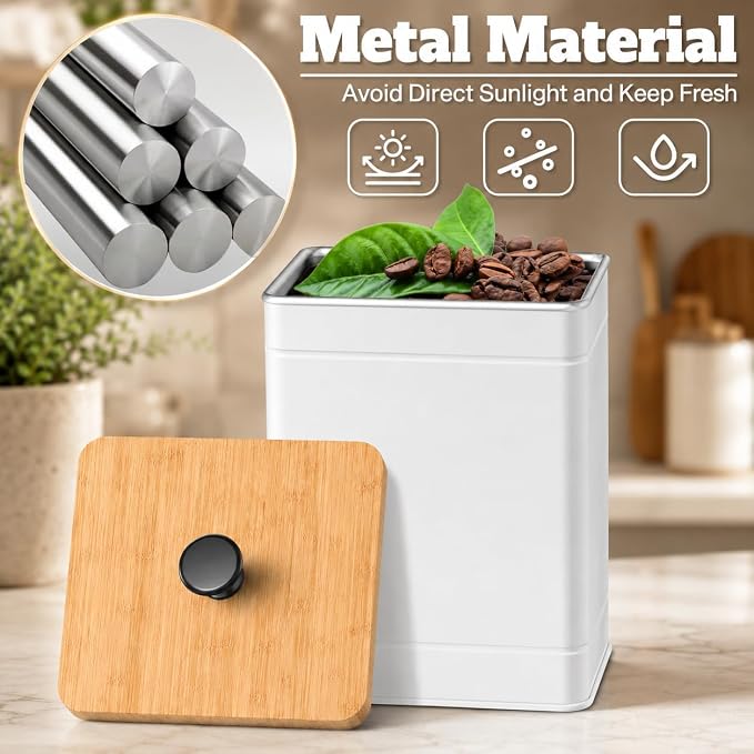 Kitchen Canister Set of 4, White Airtight Metal Flour Sugar Containers | Flat Bamboo Lids, Reusable Labels & Marker, Wide Openings, Coffee Tea Containers, Kitchen Countertop and Pantry Organized