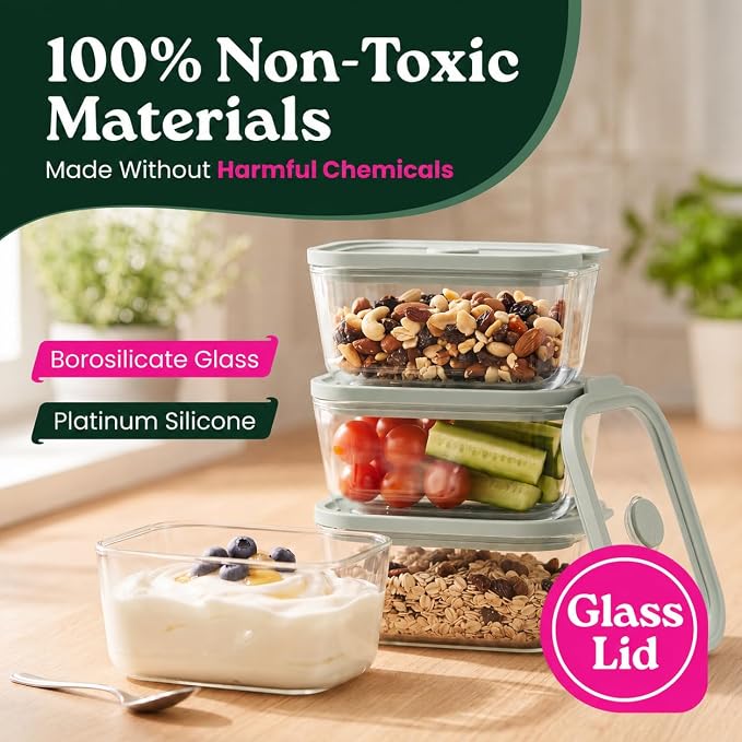 6 Pack Non-Toxic Glass Storage Containers with Glass Lids –15 Oz Borosilicate Small Glass Meal Prep Containers for Lunch, Airtight Food Storage, Microwave & Freezer Safe-Plastic Free (Sage Green)