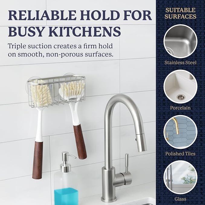 Farberware Metal Sponge Holder for Kitchen Sink, 7.13"x2.88"x3" | Triple suction cups grip steel, glass, or tile, open frame helps dry sponges faster, holds soap and brushes too