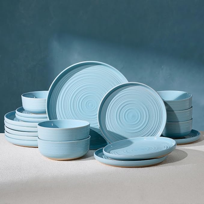 Dinnerware Sets for 6, Ceramic Plates and Bowls, Ice Blue | 18-Piece Ceramic Speckled Spiral Dishes, Chip & Scratch Resistant, Microwave & Dishwasher Safe, Everyday Use, Farmhouse Style