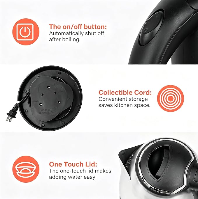 1.8L Stainless Steel Electric Kettle for Tea and Coffee, Silver | 1000W Rapid Boil Hot Water Kettle, Auto Shut-Off, One Touch Lid, 360°Swivel Base, BPA Free