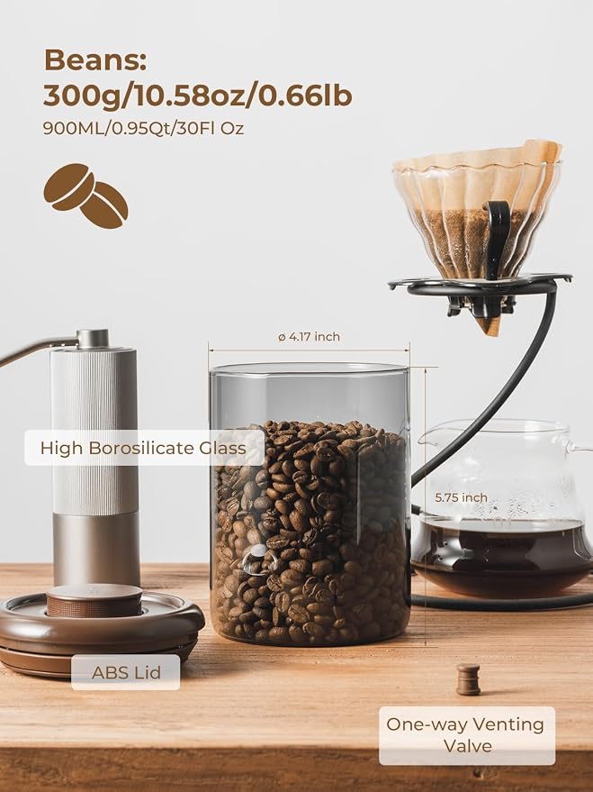 Airtight Coffee Canister, 10 oz Brown Glass Jar with Pop Lid & CO2 Valve | Small-Batch Coffee Storage for Beans, Espresso and Grounds, with One-Touch Access for Daily Brewing at Home or the Office