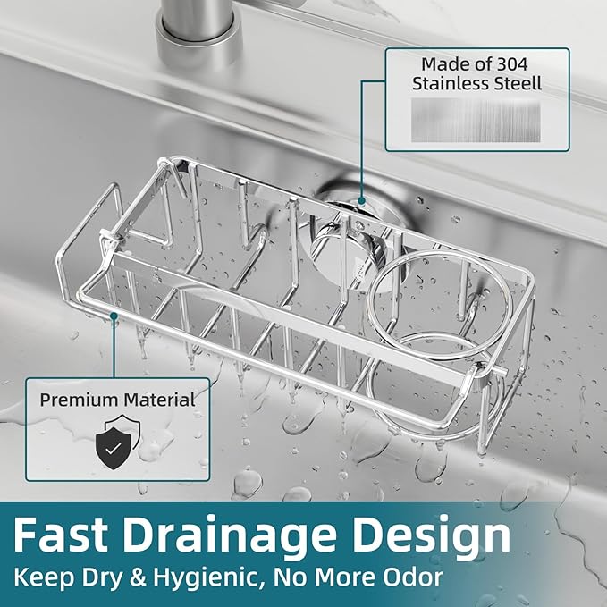 TAILI 4-in-1 Sink Caddy for Kitchen Sink with Strong Suction Cup-Silver | Removable Sponge Holder for Kitchen Sink Organizer, Rustproof 304 Stainless Steel Holder for Sponge, Brush, Scrubber, Scraper