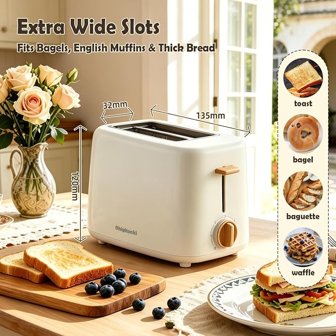 2 Slice Retro Toaster with Anti-dust Cover, 6 Browning Settings, Extra Wide Slots for Bagel & English Muffin, Removable Crumb Tray, Mini Household Bread Toaster