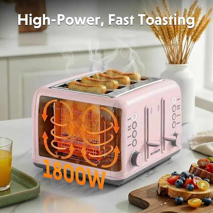 BUYDEEM DT640 4-Slice Toaster, 7 Shade Settings, Extra Wide 1.5’’ Slots for Bagel & English Muffin, 6 Toasting Functions, Retro Stainless Steel Toaster with High Lift Lever, 1800W, Pink