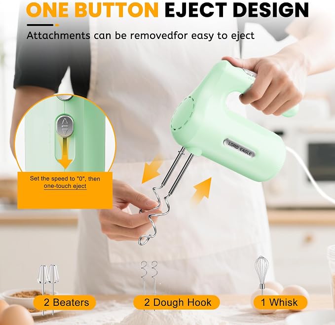 Lord Eagle 5-Speed Small Hand Mixer Electric, 300W Compact Portable, Green | Handheld Kitchen Mixer Egg Beater with 5 Attachments & Storage Bag, Cake Supplies for Bread Dough Baking, Lightweight