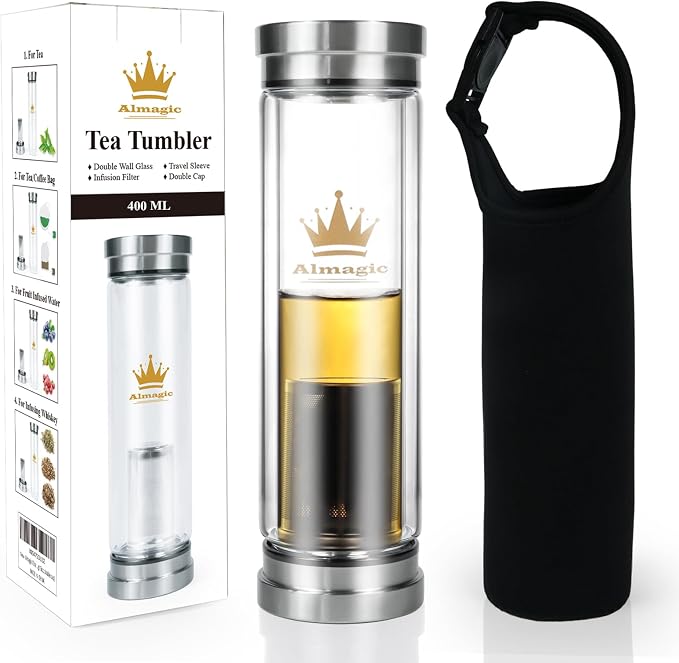 Tea Infuser Bottle for Loose Leaf Teas, 400 ml / 13.5 fl oz | Double Wall Glass Tea Bottle with Infuser, Insulated Tea Tumbler, Leak Proof Water Bottle with Protective Travel Sleeve