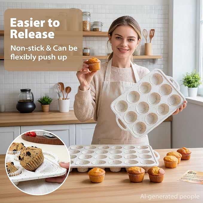 Silicone Mini Muffin Pan Set: 12 & 24 Small Cupcake Baking Pan with Frame | Easy Release - Complete Shaping Each Use Avoid Re-baking - BPA-free Muffin Trays Reinforced Frame for Oven Home Bakers Vnray