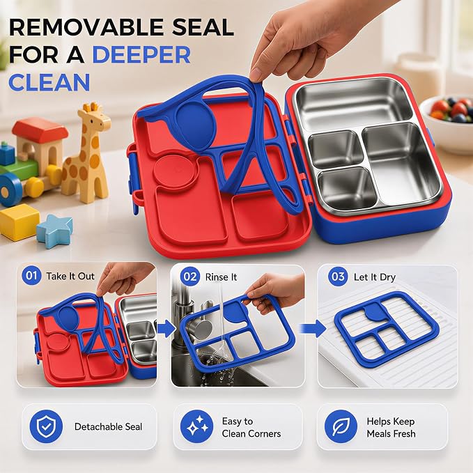 Kids Stainless Steel Bento Lunch Box, 4 Compartments | Leak-Resistant 4 Cups Lunch Container for Ages 4+ with Easy-Open Latch, Removable Seal & Meal Feedback Icon