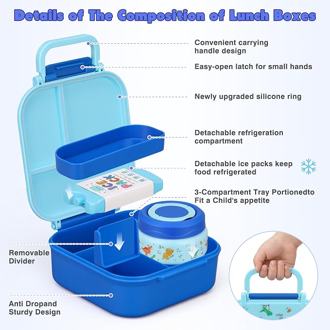 Bento Lunch Box for Kids with 7oz Soup Thermo,Insulated Stainless Steel Kids Water Bottle with Straw and Insulated Lunch Bag,Leak-Proof Lunch Food Container with Ice Pack for School(Blue-Dinosaur)