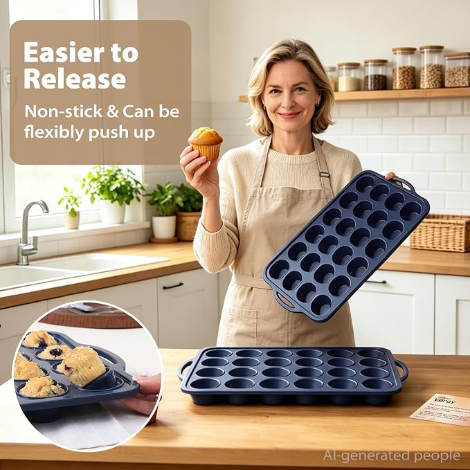 2 Pack Mini Silicone Muffin Pan with Frame, Non Stick Cupcake Baking | Silicone Cupcake Pan with Handles 24 Cup, BPA Free Silicon Muffin Tin Tray Small for Baking, Egg Bites, Cupcake Mold Grey