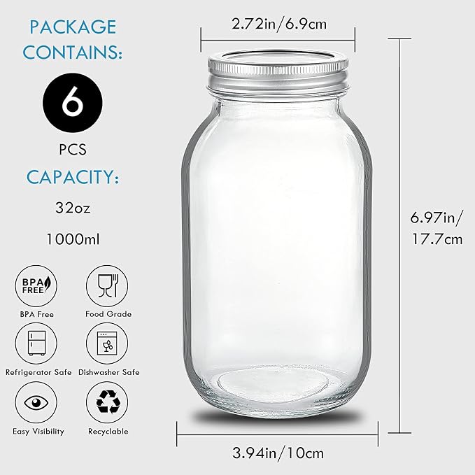 YEBODA 32 oz Wide Mouth Mason Jars with Lids, Glass Canning Jars, 6 Pack | Clear glass quart jars with two-piece lids and bands for canning, pickling, meal prep, overnight oats, and pantry storage.