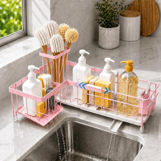 Extendable Corner Sink Sponge Holder, Quick-Drain Caddy For Kitchen Sink, Pink