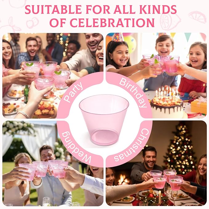 Glowserve 9 OZ Pink Disposable Plastic Cups Cocktail Cup 150 Pack | Fancy Cocktail Cup,Stemless Wine Glass,Wedding Wine Glasses,Graduation Birthday,World Cup,Party Essentials