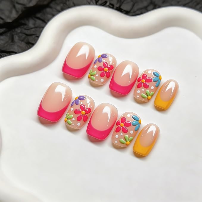 Colorful Flower Press on Nails Muti-Layer Gel Thick Handmade Press on Nails Short Square Acrylic Nails Spring Summer False Nails Full Cover Rose Pink Glossy Acrylic False Nails for Women (M)