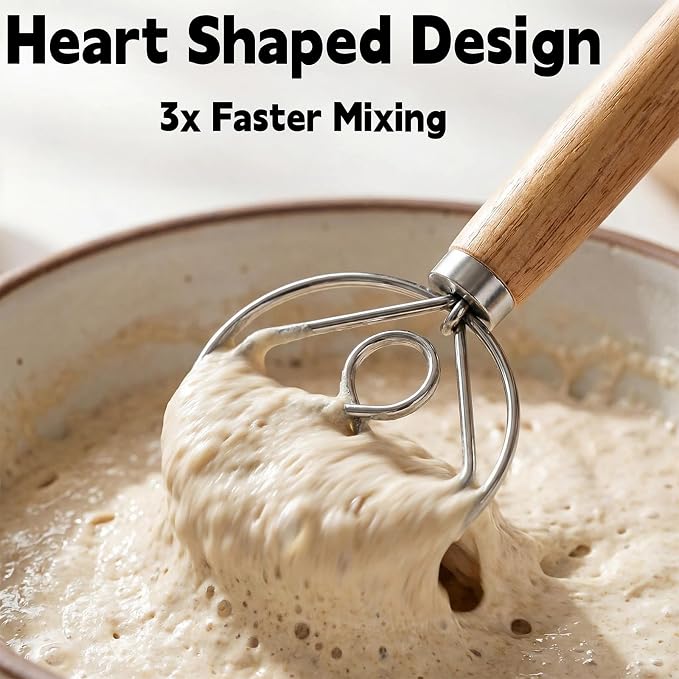 TEEVEA Danish Dough Whisk Wooden Handle Stainless Steel for Sourdough Bread | Dutch Dough Hook, Replaces Hand Mixer and Spoon, Bread Baking Tool, Food Grade Rust Resistant Steel, Non-Stick, Easy to Clean