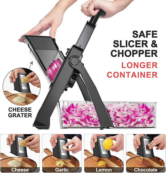 SupMaKin 2026 Upgrade Safe Mandoline Slicer,Multi Vegetable Chopper,Potato Slicer, Onion Chopper with Drain Basket Storage Container, Cheese Grater Kitchen Chopping Artifact (Black)