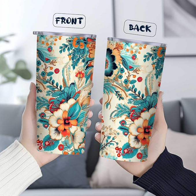 Floral Tumbler 20 oz | Stainless Steel Travel Mug with Lid | Insulated Flower Cup for Coffee, Tea and Iced Drinks | Birthday and Christmas Gifts for Women, Mom and Girlfriend