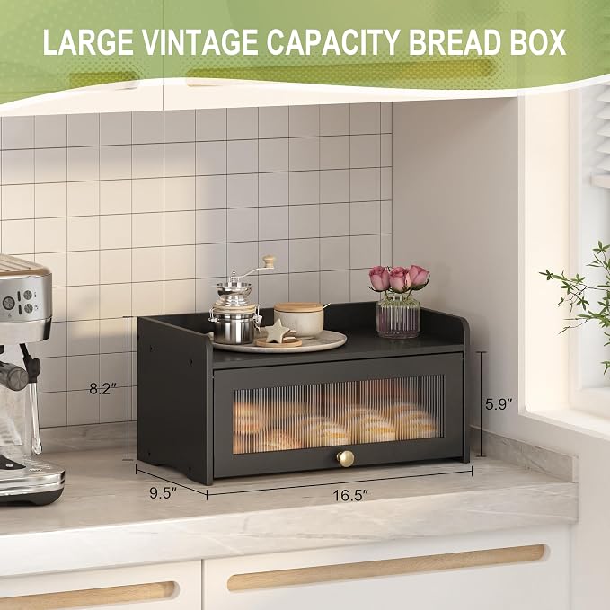JANSNIMEN Vintage Bread Box for Kitchen Countertop, Bread Container Storage, Wooden Farmhouse Bread Box with Window Bread Holder (Vintage Black)