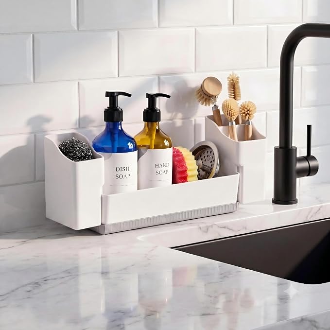 Sponge Holder for Kitchen Sink with Drying Stone, White | Kitchen Caddy Sink Organizer, 2 Removable Cups, Premium ABS, Anti-Slip, 12.7" Sponge and Soap Holder for Kitchen Counter