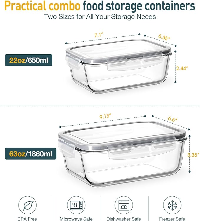 Large Glass Food Storage Containers with Lids, 4 Pack, 63oz & 22oz | Glass Meal Prep Containers for Family Meal, Leftovers, Lunch, Microwave, Oven, Freezer, Dishwasher, Airtight & Leak-Proof