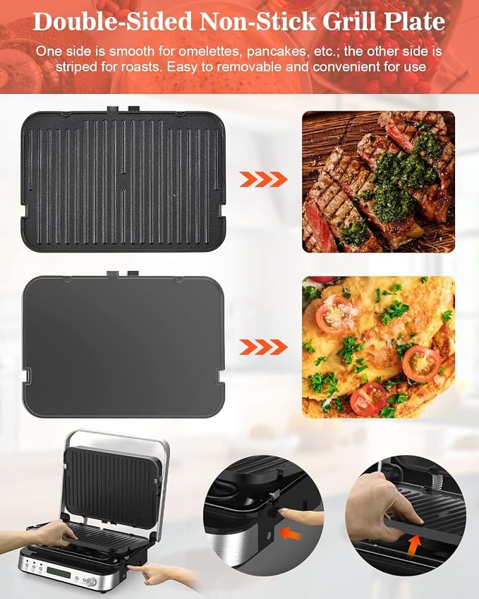 CATTLEMAN Panini Press Grill Sandwich Maker with Removable Plates, 1600W, 5 in 1 Smokeless Indoor Grill & Griddle with Meat Thermometer, Electric Contact Grills for Kitchen, Stainless Steel