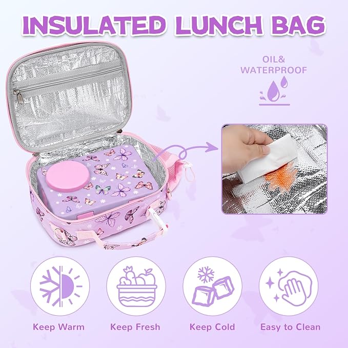 Bento Box for Kids, Leakproof Kids Lunch Box with 8.5OZ Thermo Food Jar & Lunch Bag, 3-4 Compartments Toddler Insulated Lunch Box for Girls, BPA Free Lunch Containers for School Daycare