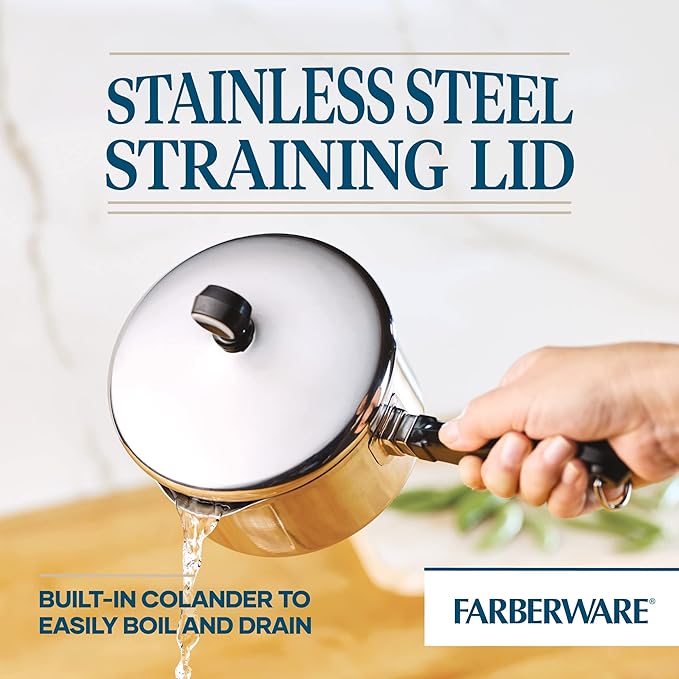 Farberware Classic Series Stainless Steel Straining Sauce Pan with Lid, 1-Quart Small Pot, Silver