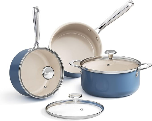 Redchef Ceramic Stock Pots Set 5QT, Sauce Pan with Lids(2.5QT/3.5QT), Induction Cooking Pot Set,Ceramic Pots with Stay Cool Handle, Nonstick Cookware Set, PTFE/PFASFree, Dishwasher/Oven Safe (Blue)