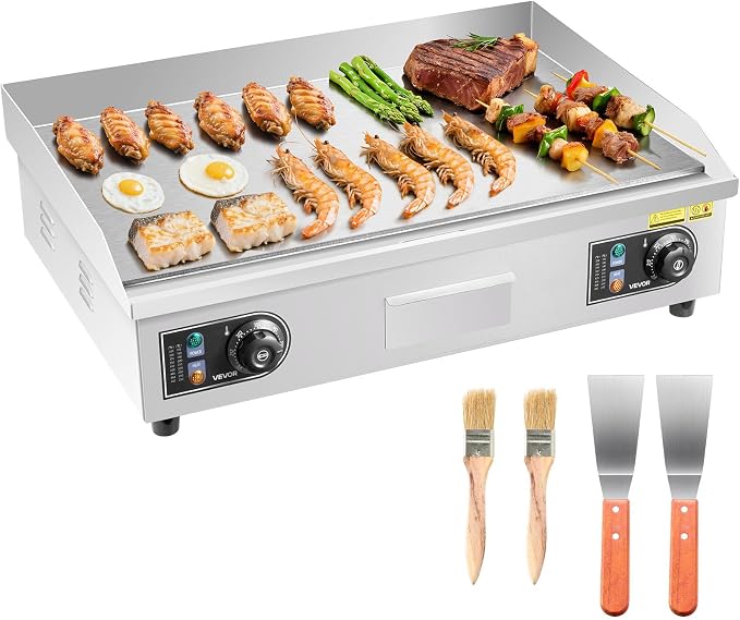 VEVOR Upgraded Commercial Electric Griddle, 2800W Stainless Steel Countertop Flat Top Grill, 26'' Griddle Grill with 2 Shovels and 2 Brushes, 122℉-572 ℉ Adjustable Temp, for Home Restaurant(No Plug)