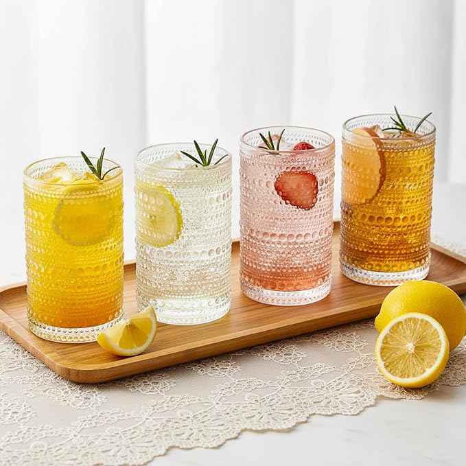 Moretoes Large 15oz Hobnail Drinking Glass Set of 12 | Clear Vintage Glassware,Embossed Glass Cups,Water Tumbler,Highball Glasses For Beer, Juice And Various Mixed Drinks
