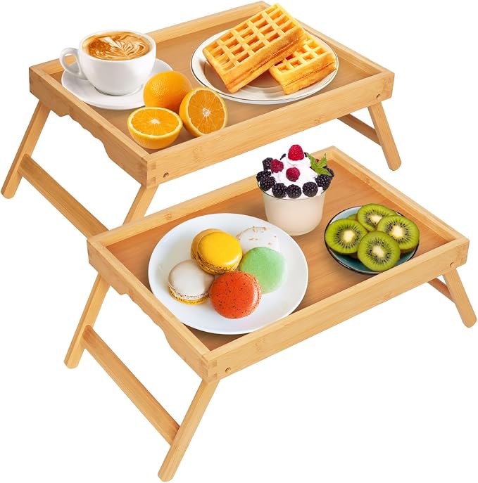 Artmeer FSC 100% Bamboo Bed Trays, Medium, 2-Pack, Natural | Two FSC 100% bamboo bed trays with folding legs and handles for meals, reading, laptops and serving in bed.