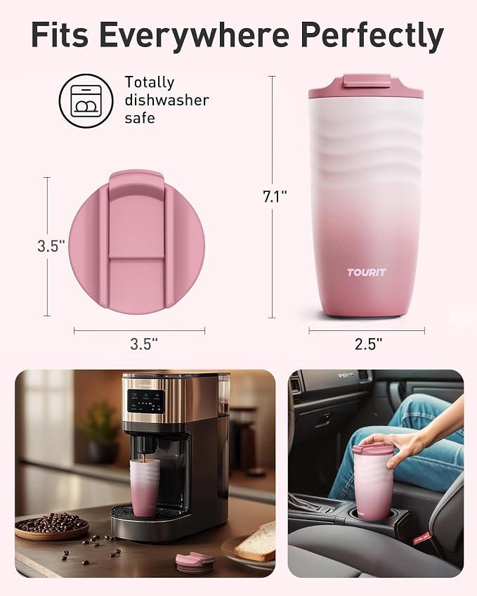 TOURIT 16 oz Insulated Travel Coffee Mug Stainless Steel Tumbler, Pink | Vacuum insulated travel mug with ripple-wave anti-slip grip, leakproof lid & silicone bottom, fits standard car cup holders