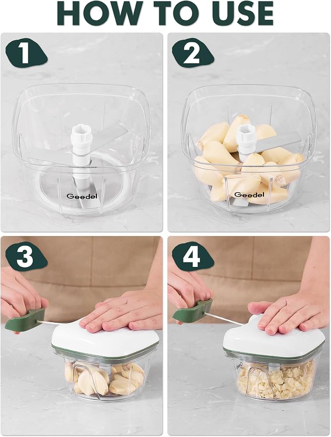 Geedel Vegetable Chopper, Manual Food Chopper with Hand Pull String, 500ml | Manual Food Processor, Sharp Stainless Steel Blade, Non-slip Base, Dishwasher Safe, No BPA, Portable, for Veggie, Fruit, Nut